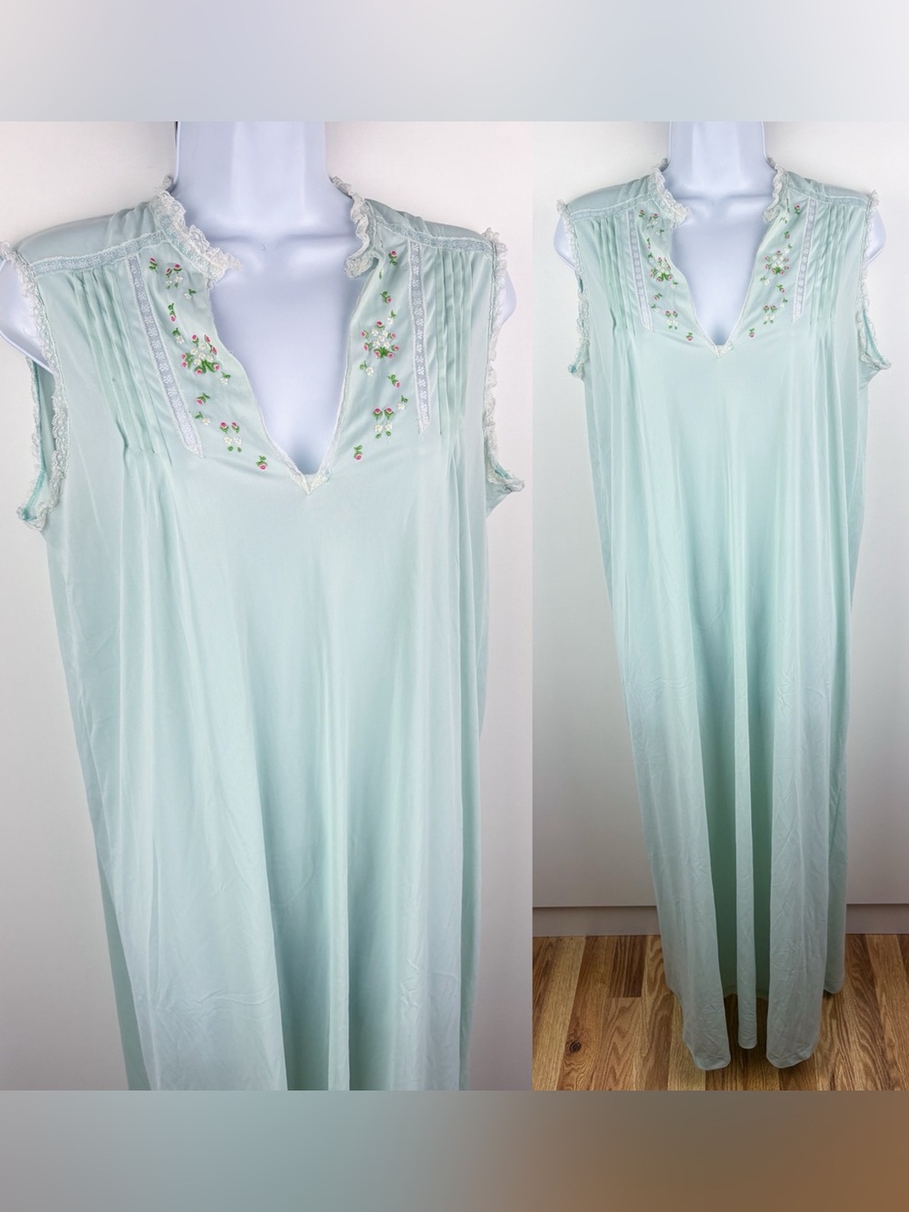 Vintage Nylon Antron Floral Lace Trim Nightgown Caftan Pastel Green Cottagecore